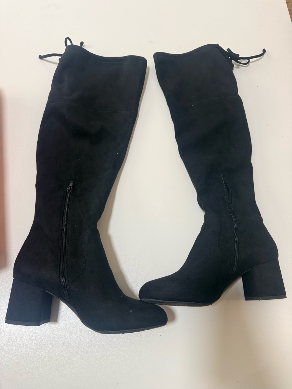 Kelly & Katie Black Suede-Look Over-the-Knee Block Heel Boots